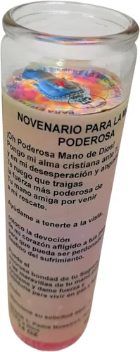 Vista 2 de Un perfumado Veladora,La Mano poderosa, Vaso Grande 14 oz veladora novenaria con poderosa oración al reverso (Inglés)