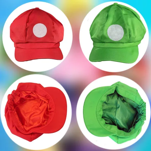 Vista 2 de IDOTTA Conjunto de disfraz de sombrero verde rojo para adultos y niños, gorra, guantes y botones para fontanero, cosplay, fiesta de Halloween