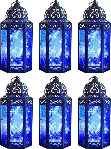 Vista 22 de VELA LANTERNS Juego de 2 portavelas decorativos de LED con luces de hadas de 12" de metal marroquí para colgar o mesa, decoración del hogar