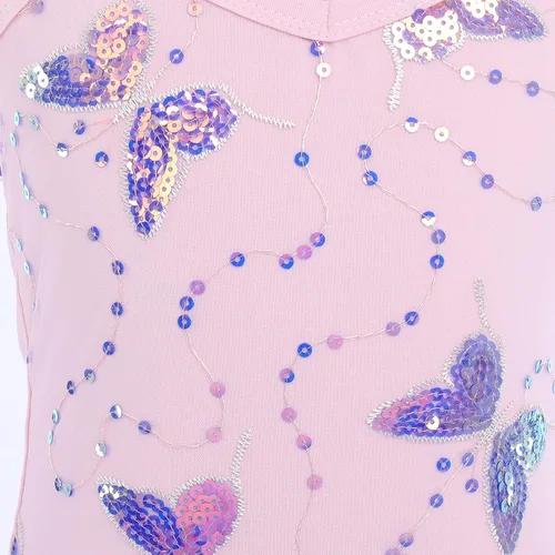 Vista 4 de AFAVOM Camisola de lentejuelas de mariposa para niñas, vestido de ballet con volantes, falda tutú con purpurina, leotardo, disfraz de bailarina