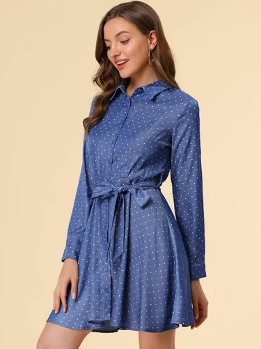 Vista 2 de Allegra K Vestido camisero con cinturón de lunares y manga larga con botones para mujer