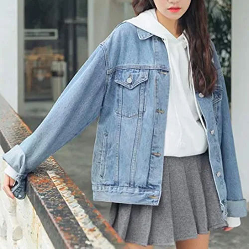 Vista 2 de Ankecity Chaquetas vaqueras de manga larga para mujer, abrigos de mezclilla sueltos de gran tamaño, Azul Patchwork
