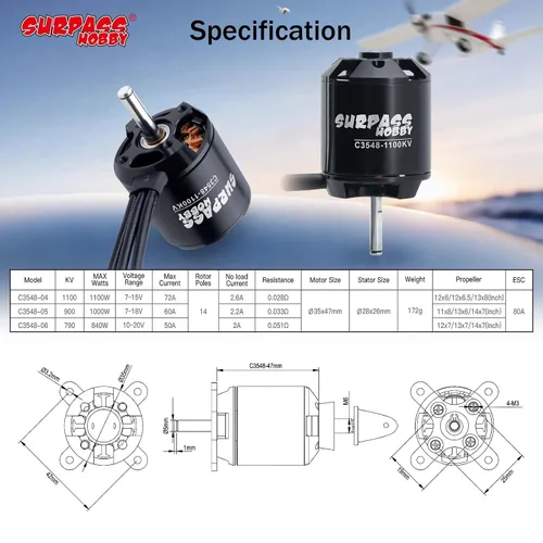 Vista 3 de Surpass C3548 1100KV Motor sin escobillas para aviones RC Ala fija