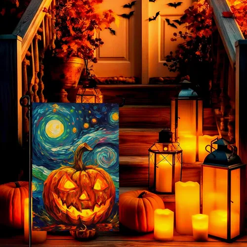 Vista 6 de Bandera de jardín de Halloween, bandera de jardín de calabaza Van Gogh, banderas de jardín, artes, cielo nocturno estrellado, luna, bandera