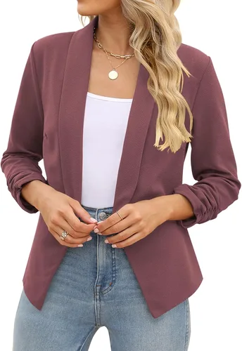 Vista 2 de POGTMM - Blazer de manga de 34 para mujer, con parte delantera abierta, chaqueta estilo cárdigan para uso en el trabajo o la oficina