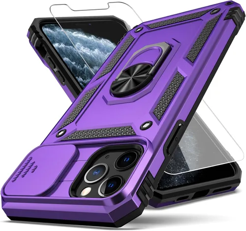 Vista 8 de Funda para iPhone 11 Pro Max con cubierta deslizante para cámara + protector de pantalla HD, soporte de anillo giratorio de grado militar a prueba