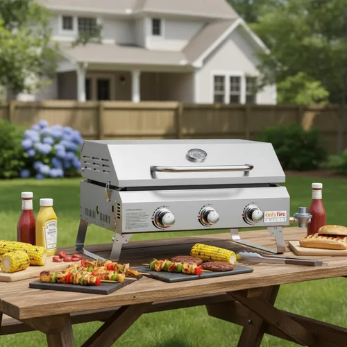 Vista 5 de ONLYFIRE GRILLS - Parrilla de mesa de gas con patas plegables, parrilla de gas propano portátil de 3 quemadores con tapa plana para cocinar al aire
