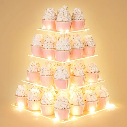 Vista 9 de Suneerplay Soporte para cupcakes de 4 niveles con cadena de luz LED, soporte de exhibición de cupcakes de acrílico, soporte cuadrado para torre