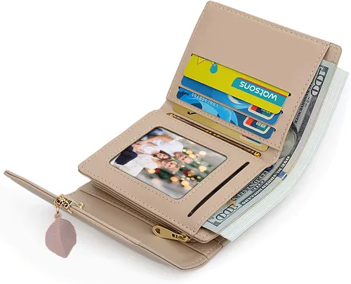 Vista 2 de UTO - Cartera pequeña RFID de piel sintética con dije de hoja, cierre de cremallera y tarjetero.