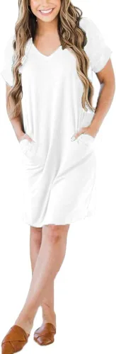 Vista 4 de Vestidos casuales de verano sueltos para mujer con bolsillos, cuello en V, vaporoso, vestido de playa, manga con puños, cómodo