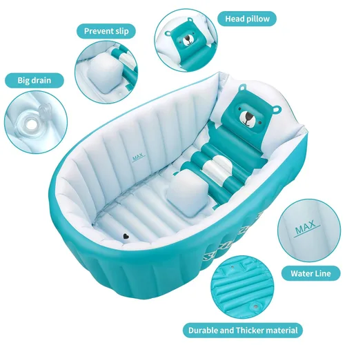 Vista 4 de Tina de baño inflable para niños pequeños, asiento central con cojín grueso antideslizante de seguridad, tina de baño portátil para viajes, piscina