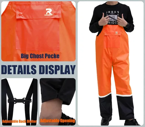 Vista 2 de RainRider Pantalones con peto de lluvia para hombres y mujeres, pantalones de seguridad Oxford 150D, pantalones de trabajo resistentes impermeables
