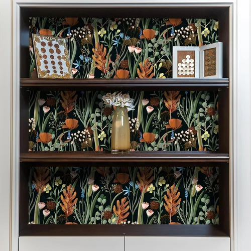 Vista 6 de VEELIKE Papel tapiz floral negro para despegar y pegar, papel de contacto floral seco silvestre para armarios, cajones, paredes, 17.7 x 354