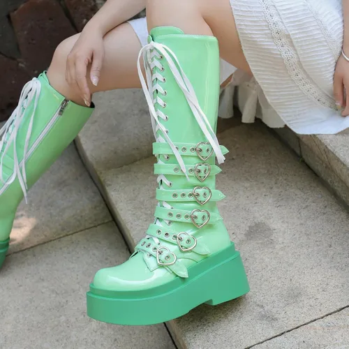 Vista 68 de Parisuit Botas góticas altas hasta la rodilla con hebilla de plataforma para mujer, tacón alto grueso, con cordones, botas de combate punk, con Negro