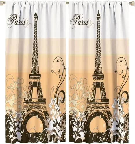 Vista 12 de Cortinas de la Torre Eiffel de París, pintura al óleo, flores moradas, torres de ciudad, con bolsillo para barra, cortinas de ventana