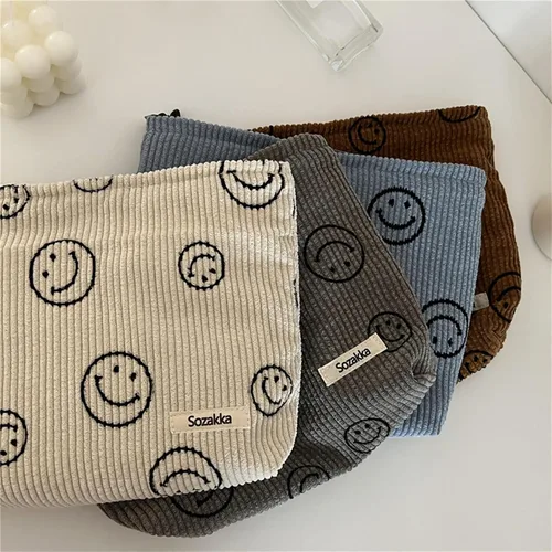 Vista 5 de Bolsas de cosméticos para mujer, bolsa de cosméticos de pana, bolsos estéticos para mujer, bolsos de mano con puntos sonrientes, organizador