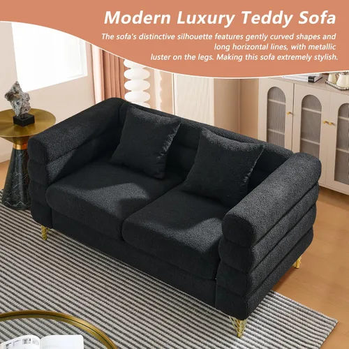 Vista 6 de mikibama Sofá de Dos Plazas Moderno Teddy, Sofá Seccional de 60 Pulgadas, Sofá Profundo de Lujo de 2 Plazas con 2 Almohadas y Patas de Metal Dorado