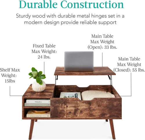 Vista 7 de Best Choice Products Mesa auxiliar elevable, mesa de centro multifuncional de madera de mediados de siglo para sala de estar con almacenamiento