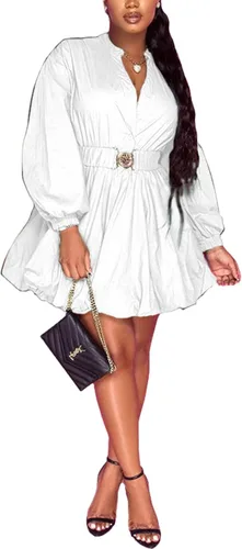 Vista 2 de Uni Clau Vestido camisero con botones para mujer, manga larga, acampanado, casual, corto, con cinturón