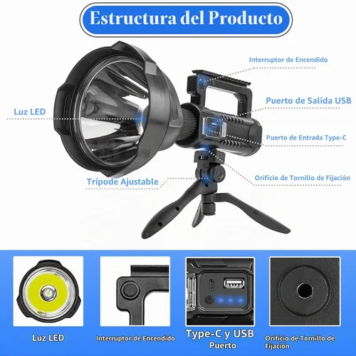 Vista 6 de Reflector Recargable para Exteriores, Linterna de Mano de 2,000,000L, Luz de Reflector LED Súper Brillante de Alto Lúmenes con Trípode Ajustable, 4