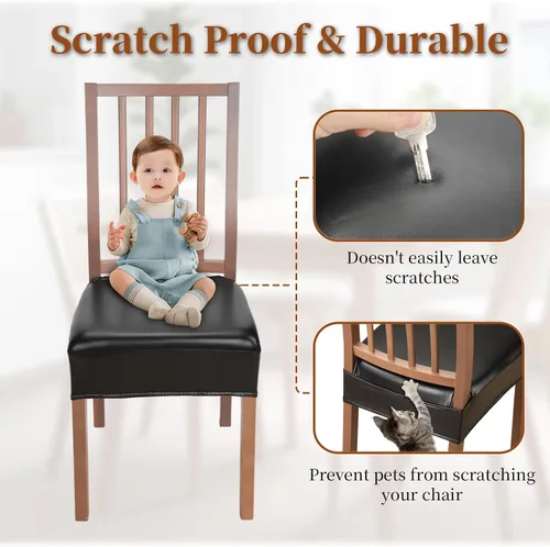 Vista 5 de Juego de 4 fundas de asiento impermeables para sillas de comedor, fundas de asiento de cocina de cuero, resistentes a las manchas, fundas elásticas