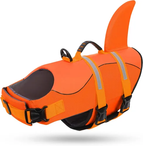 Vista 16 de Queenmore Chaleco Salvavidas para Perros Tiburón, Chaleco de Natación de Alta Flotabilidad, Chalecos Salvavidas para Perros Ajustables y Fáciles