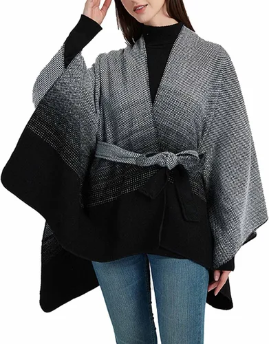 Vista 2 de Suéter para mujer abrigo tipo capa de murciélago con cinturón kimono drapeado amplio dobladillo alto y bajo cárdigan con cinturón