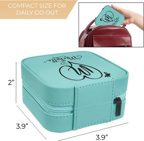 Vista 3 de Joyero de viaje personalizado con espejo portátil personalizado opcional, organizador de joyas de cuero sintético, pequeño soporte para anillos