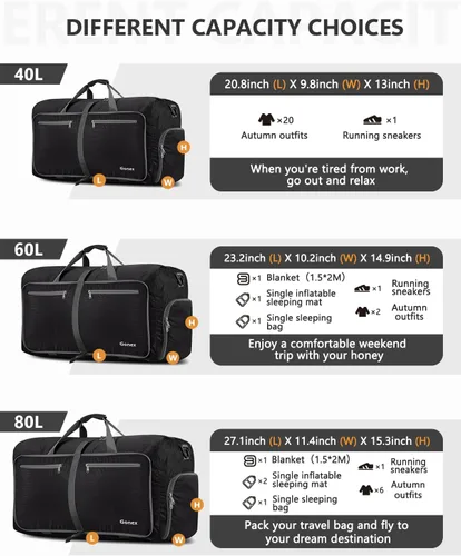 Vista 6 de Gonex Bolsa de viaje plegable grande de 40 L, 60 L, 80 L, 100 L, 150 L, con compartimento para zapatos, plegable, ligera, repelente al agua, bolsa