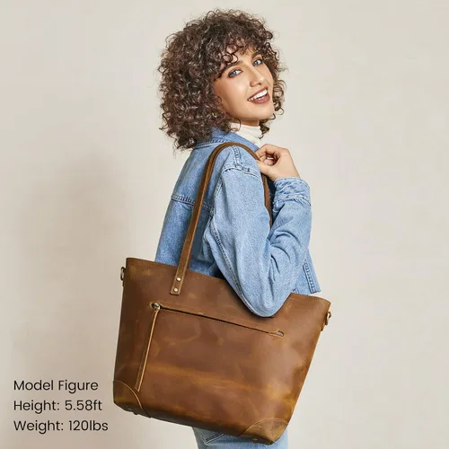 Vista 2 de S-ZONE - Bolso de mano de piel auténtica vintage para portátil, Bolsa de trabajo para mujeres con bolsillo trasero con cremallera