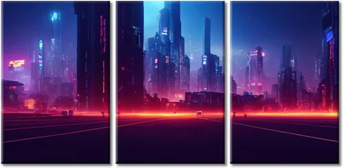Vista 65 de Cuadros de 3 paneles de Cyberpunk City - Arte de pared de vallas publicitarias de edificios modernos en la capital con obras de arte modernas
