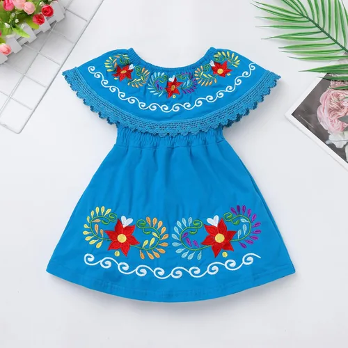 Vista 2 de FYMNSI Vestido mexicano para niñas pequeñas con bordado floral étnico mexicano, vestidos casuales con volantes, vestido de verano para vacaciones