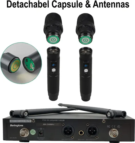 Vista 2 de Berlingtone Sistema de micrófono inalámbrico, 2 micrófonos dinámicos de mano, 120 canales de frecuencia ajustables, caja de metal y micrófono