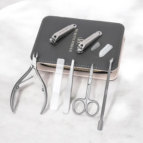 Vista 2 de Beauty Power Set de manicura y pedicura 7 en 1 de acero inoxidable, ultra afilado, cortauñas inclinado, cortauñas para dedos, cortacutículas, lima