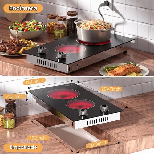 Vista 5 de Placa de cocina eléctrica de 2 quemadores, enchufe de estufa eléctrica de 110 V, placa de cocina eléctrica de 2000 W con controles de perilla