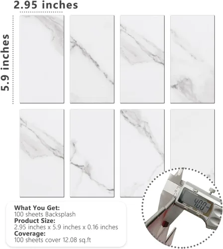 Vista 5 de STICKGOO 100 piezas de azulejos adhesivos despegables para salpicadero, azulejo de pared de PVC de 3" x 6", mármol blanco adhesivo para salpicadero
