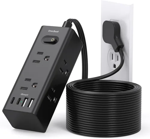 Vista 12 de Cable de extensión de 1 pie con múltiples tomas, regleta de alimentación de enchufe plano con cable de 1 pie, 6 tomas de corriente, 4 puertos USB