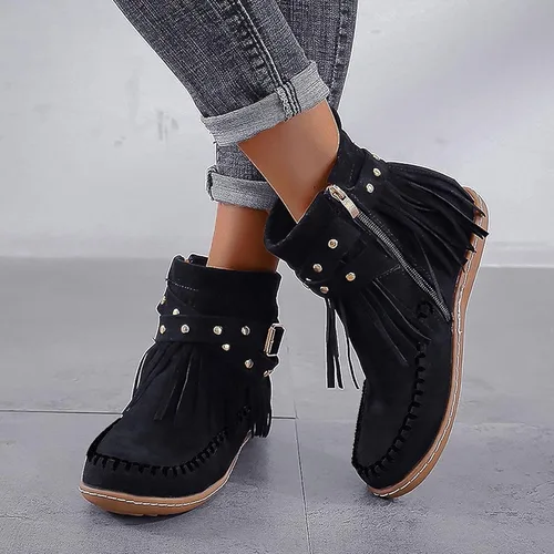 Vista 2 de AUNTHUI Sursell - Botines de gamuza para mujer, con flecos, punta redonda, planos, cálidos, de moda, occidentales, para exteriores, con cremallera