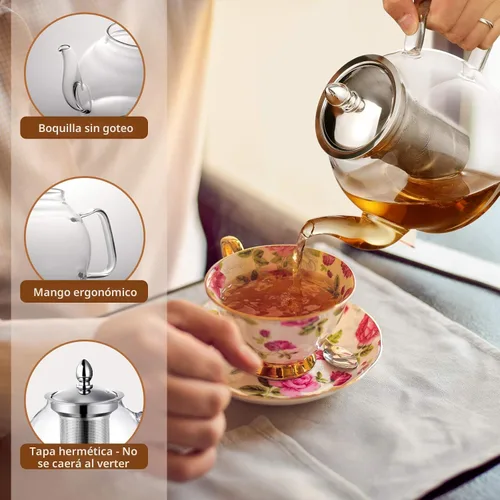 Vista 4 de HIWARE Tetera de vidrio de 33.8 fl oz con infusor extraíble, hervidor de té seguro para estufa, juego de té de hojas sueltas y florecientes