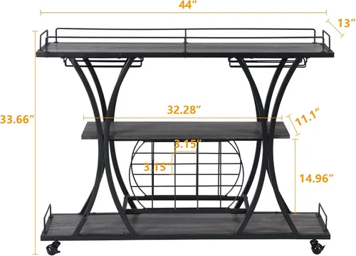 Vista 5 de KIVENJAJA Carrito de bar industrial, carrito de servicio rodante con estantes para vino y soporte para vidrio, estante de 3 niveles de licor