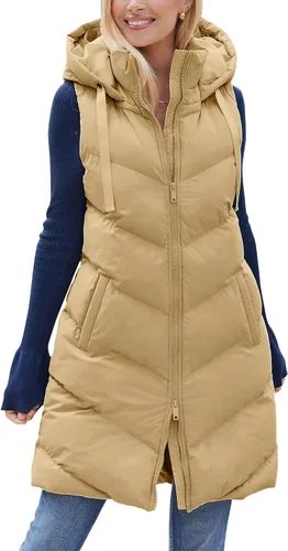 Vista 2 de Ebifin Chaleco acolchado largo para mujer, sin mangas, con capucha y cremallera completa, con bolsillos