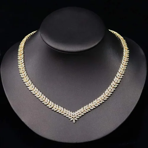 Vista 5 de Jorsnovs Juego de 4 piezas de joyería de boda de Dubai con forma de hojas de circonita cúbica collar de fiesta pulsera aretes colgantes y anillos