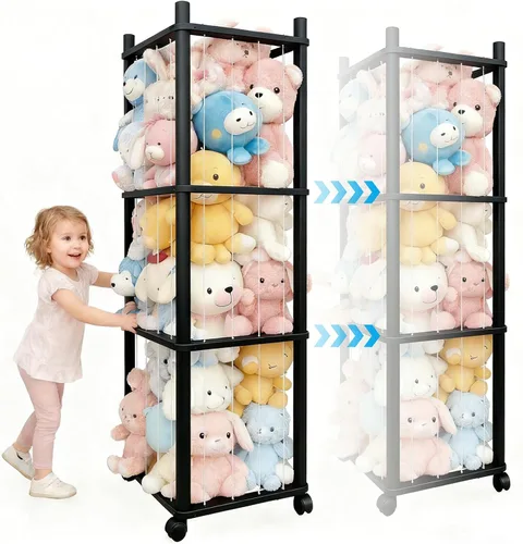 Vista 4 de Almacenamiento de madera para animales de peluche, organizador de juguetes de madera maciza resistente con ruedas bloqueables, fácil