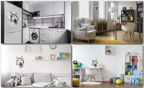 Vista 6 de Winston & Bear Calcomanías 3D para perros, paquete de 2 unidades, diseño de Husky feliz para pared, nevera, inodoro y más, calcomanías de pared