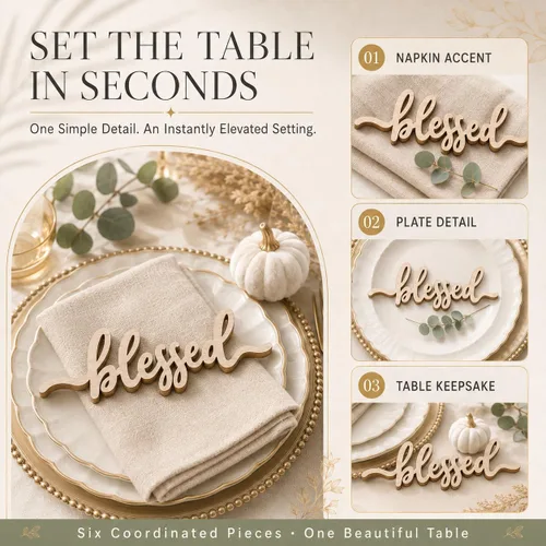 Vista 6 de Tarjetas de lugar de Acción de Gracias Blessed, Thankful, Grateful Letreros de madera para mesa de comedor de otoño, adorno de mesa de casa