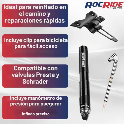 Vista 2 de RocRide Mini bomba de neumáticos de bicicleta con manómetro de presión de neumáticos de lápiz se infla a 120 PSI y funciona con válvulas Schrader