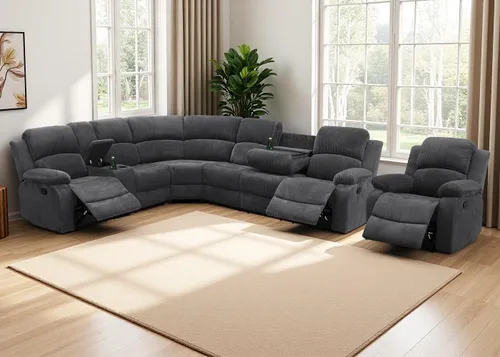 Vista 16 de Juego de sofá seccional reclinable manual, juegos de muebles de sala de estar, sofá seccional en forma de L y 2 sillas, cómodo sofá reclinable
