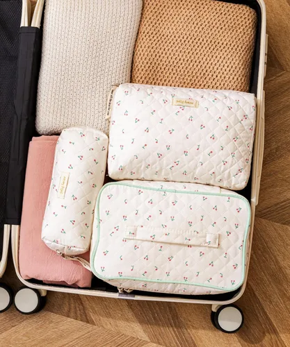 Vista 3 de HBselect Bolsa de Maquillaje Acolchada, 3 Piezas de Gran Bolsa de Maquillaje de Viaje de Algodón, Linda Bolsa de Maquillaje Floral Coquette, Bolsa