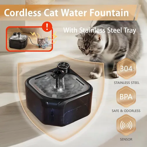 Vista 2 de Fuente de agua para gatos inalámbrica con 4 filtros de repuesto de 108 oz/3.2 L, fuente de agua para mascotas, funciona con pilas, con bandeja