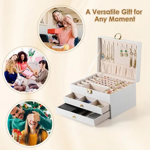 Vista 8 de Joyero de 3 capas, organizador de joyas con cajón organizador de joyas, grandes cajas de joyería y organizador con organizador de aretes